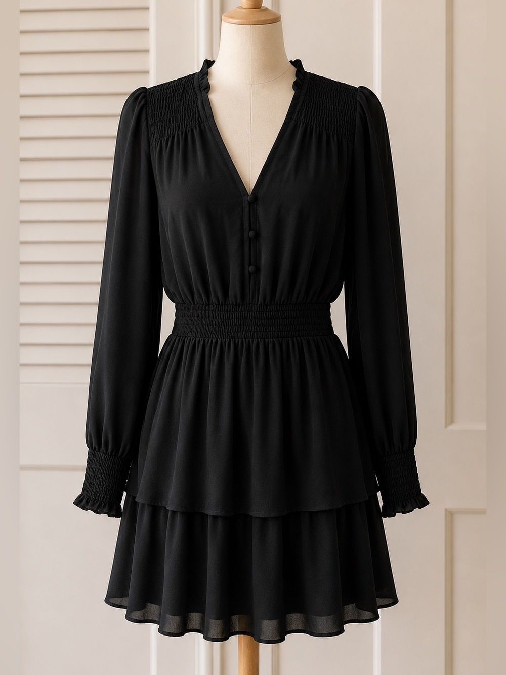Aqua Black Tiered V-Neck Long Sleeve Mini Dress